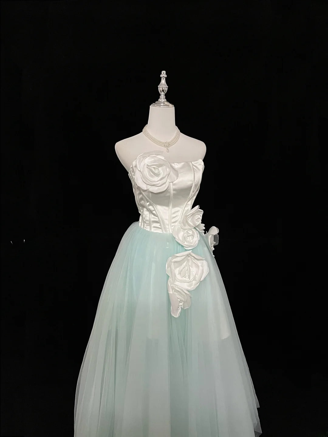 Vintage A Line Strapless Mint Green Tulle With White Flowers Prom Dress Formal Outfits Party Dresses RB7462