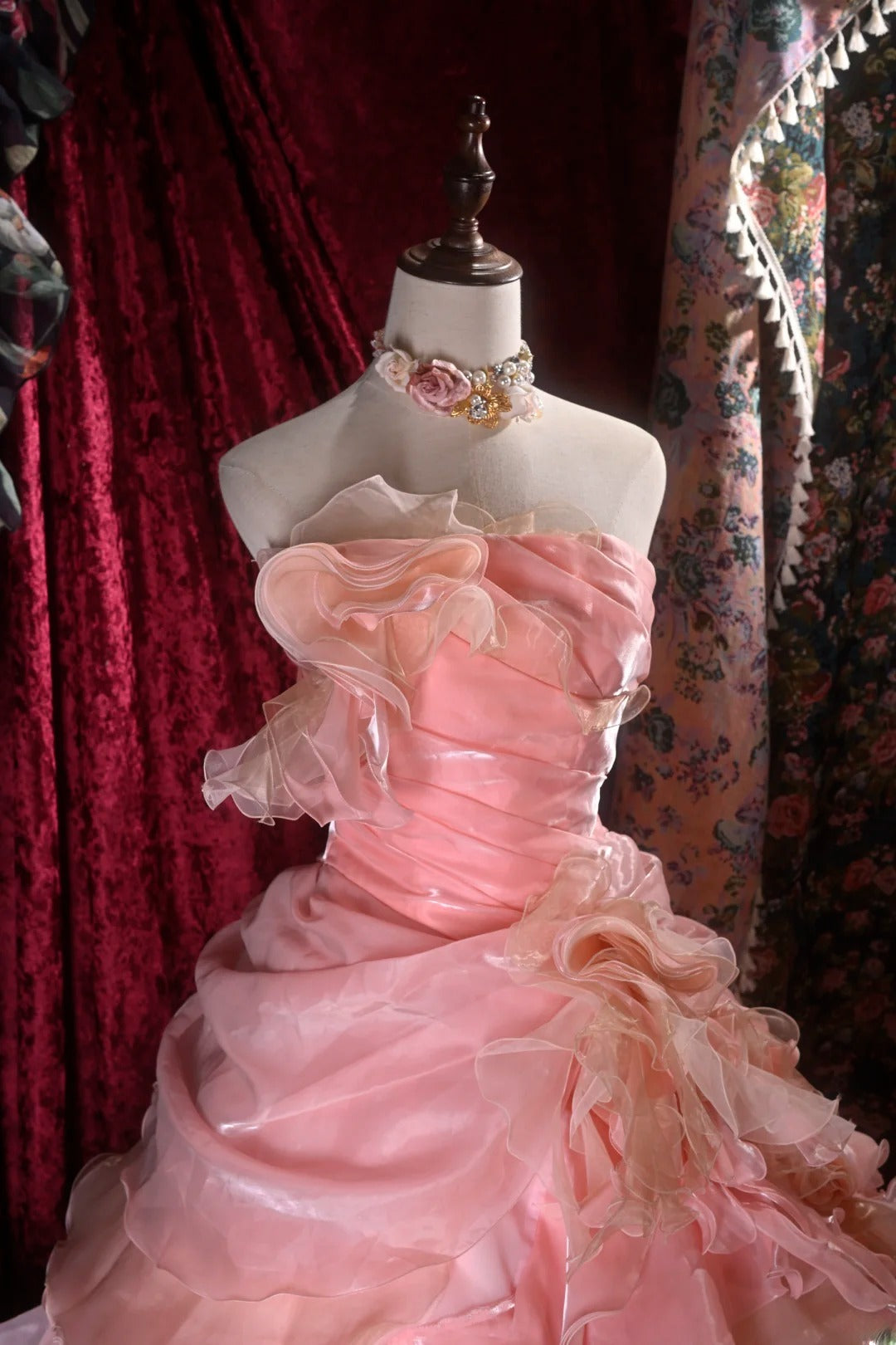 Pretty Ball Gown Strapless Pink Organza With Tiered Layers Long Quince Dress Quinceanera Dresses Formal Birthday Outfits RB8108
