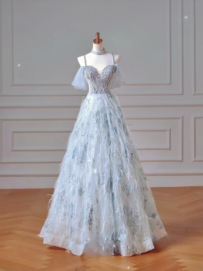 Robe de bal élégante à épaules dénudées en tulle bleu ciel clair, longue, formelle, idéale pour un bal de promo, une soirée ou un dîner (AQ092)