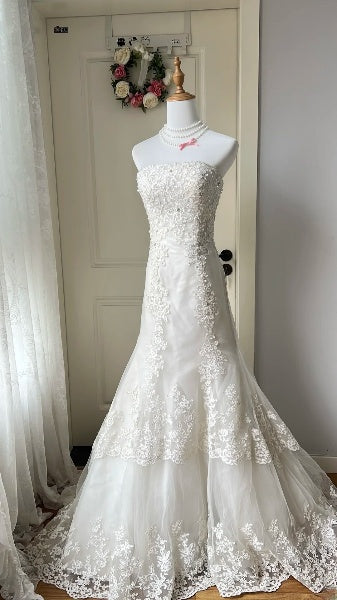 Prinzessinnen-Brautkleid Meerjungfrau trägerlos Spitze Weiß Tüll mit Applikationen Hochzeitskleid RC0459