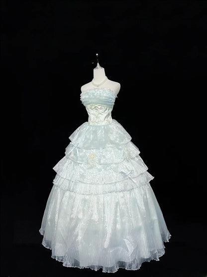 Cute Ball Gown Strapless Blue Organza With Appliqued Quince Dress Voluminous Sweet 16 Sweet Sixteen Outfits Vestido de 15 RB7463
