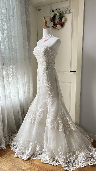 Prinzessinnen-Brautkleid Meerjungfrau trägerlos Spitze Weiß Tüll mit Applikationen Hochzeitskleid RC0459