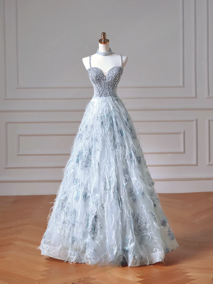 Robe de bal élégante à épaules dénudées en tulle bleu ciel clair, longue, formelle, idéale pour un bal de promo, une soirée ou un dîner (AQ092)