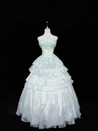 Cute Ball Gown Strapless Blue Organza With Appliqued Quince Dress Voluminous Sweet 16 Sweet Sixteen Outfits Vestido de 15 RB7463