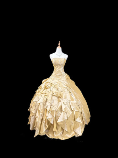 Prinzessin Ballkleid Trägerlos Gelber Satin Ärmellos Mit Spitze Langes Quinceanera Kleid Vestido de 15 de Cenicienta RB3485