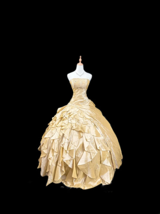 Prinzessin Ballkleid Trägerlos Gelber Satin Ärmellos Mit Spitze Langes Quinceanera Kleid Vestido de 15 de Cenicienta RB3485