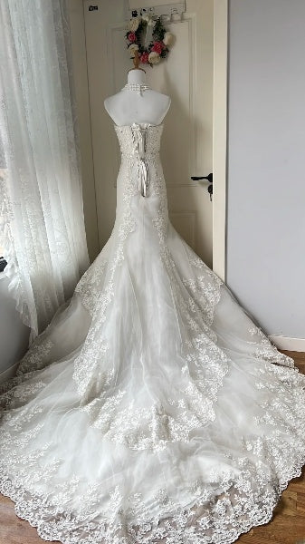 Prinzessinnen-Brautkleid Meerjungfrau trägerlos Spitze Weiß Tüll mit Applikationen Hochzeitskleid RC0459