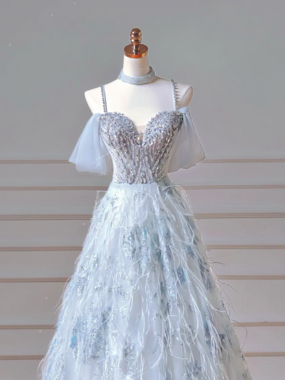 Robe de bal élégante à épaules dénudées en tulle bleu ciel clair, longue, formelle, idéale pour un bal de promo, une soirée ou un dîner (AQ092)