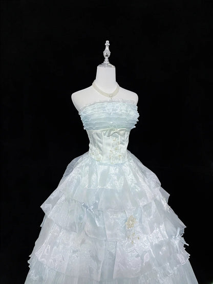 Cute Ball Gown Strapless Blue Organza With Appliqued Quince Dress Voluminous Sweet 16 Sweet Sixteen Outfits Vestido de 15 RB7463