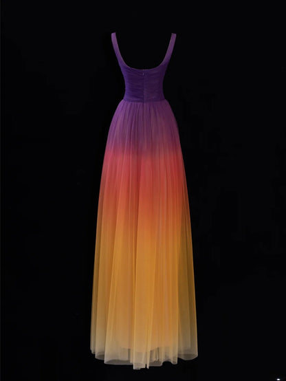 Robe de bal longue élégante en tulle multicolore, coupe trapèze, col carré, style SA092