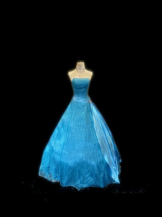 Prinzessin Ballkleid Trägerlos Blau Satin Ärmellos Mit Perlen Lang Quinceanera Kleid vestido de 15 de cenicienta RB3488
