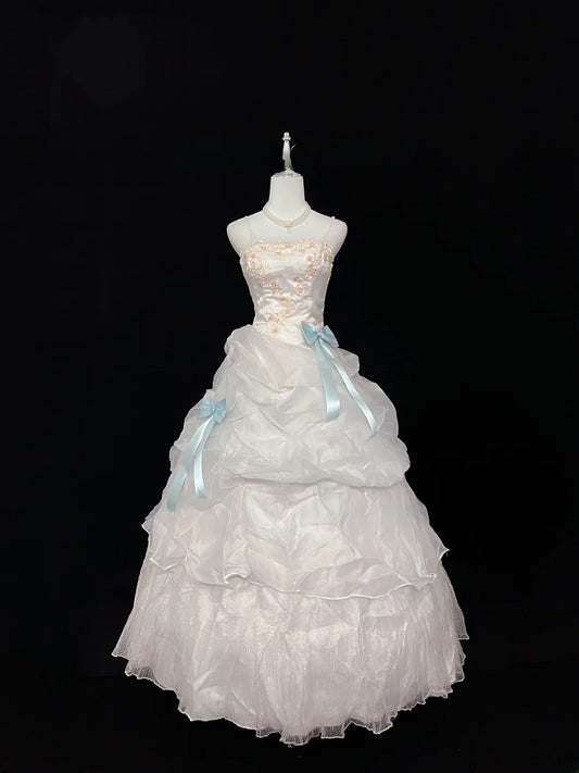 Beautiful Ball Gown Spaghetti Straps Light Pink Organza Long Quince Dress Voluminous Sweet 16 Sweet Sixteen Outfits Vestido de 15 RB7464