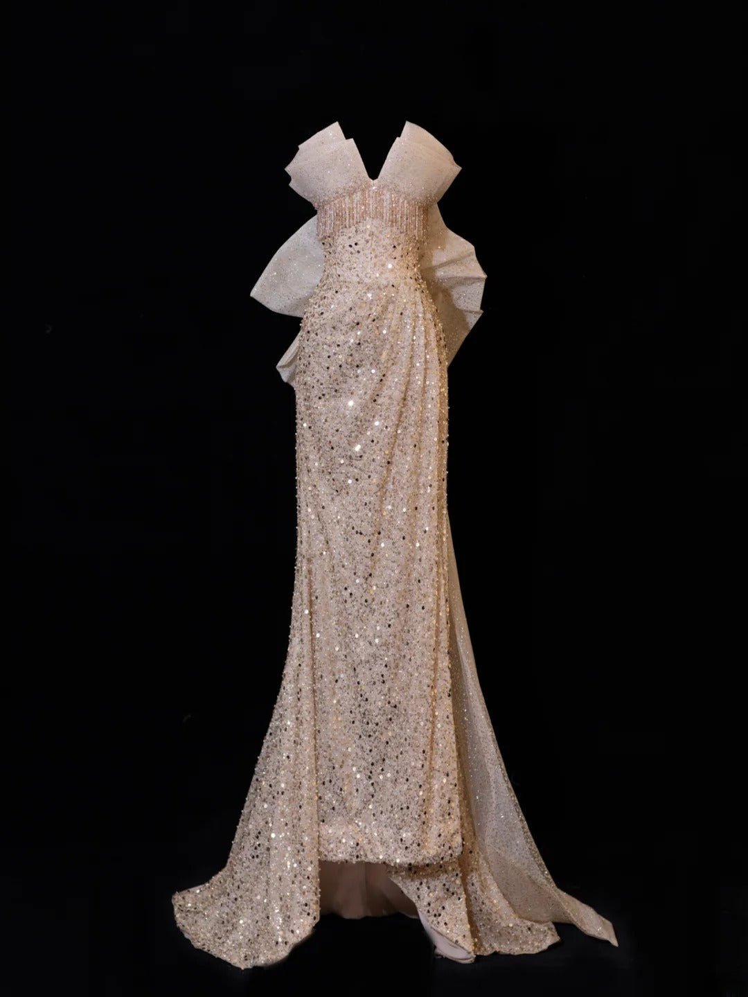 Classy Formal Mermaid Sweetheart Champagne Sequins With Beads Bow-knot Style Impress Long Prom Dresses Party Gowns SA093