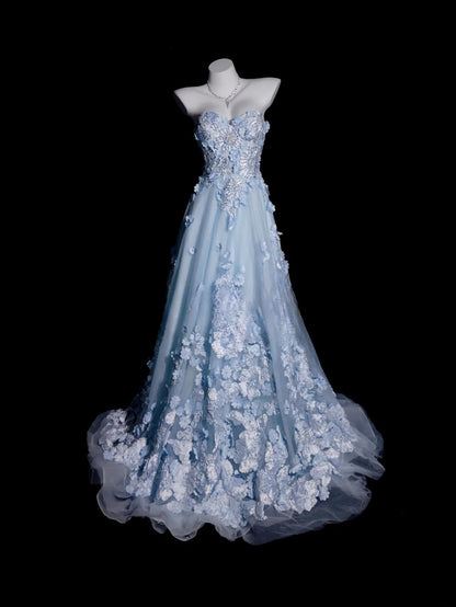 Light Blue Prom Dress A Line Sweetheart Lace With Appliques Modest Formal Party Gown RB9893