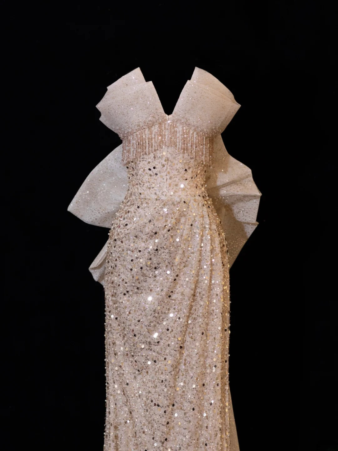 Classy Formal Mermaid Sweetheart Champagne Sequins With Beads Bow-knot Style Impress Long Prom Dresses Party Gowns SA093