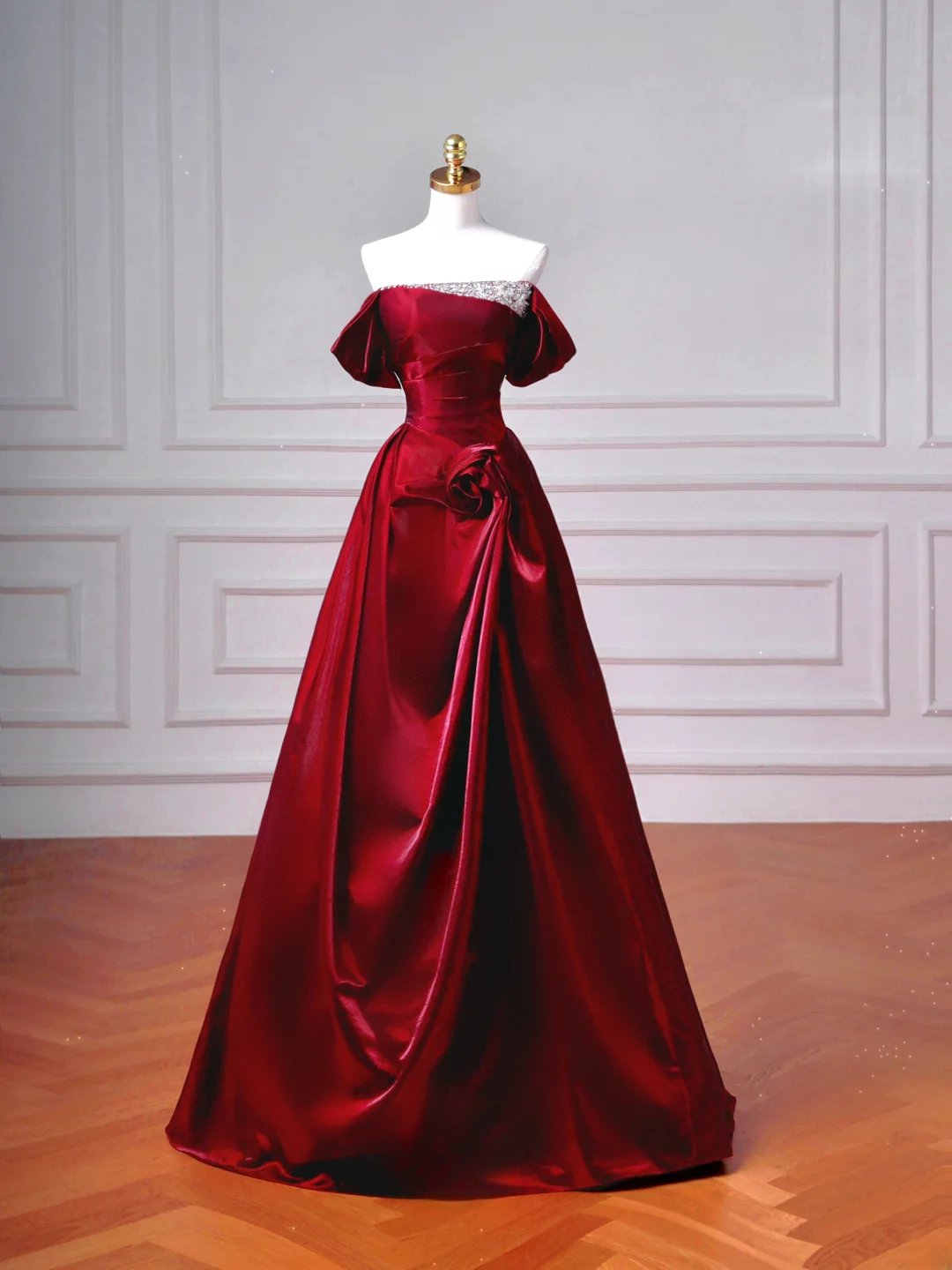 Robe de bal élégante à épaules dénudées, rouge bordeaux, longue, formelle et élégante, idéale pour un bal de promo, une soirée ou un dîner (AQ093)