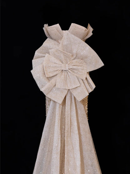 Classy Formal Mermaid Sweetheart Champagne Sequins With Beads Bow-knot Style Impress Long Prom Dresses Party Gowns SA093