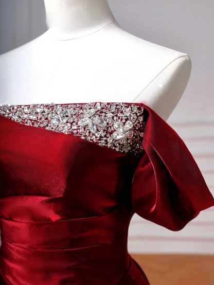 Robe de bal élégante à épaules dénudées, rouge bordeaux, longue, formelle et élégante, idéale pour un bal de promo, une soirée ou un dîner (AQ093)