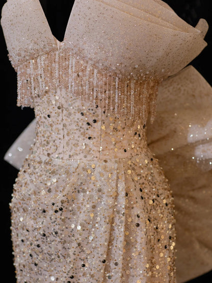 Classy Formal Mermaid Sweetheart Champagne Sequins With Beads Bow-knot Style Impress Long Prom Dresses Party Gowns SA093