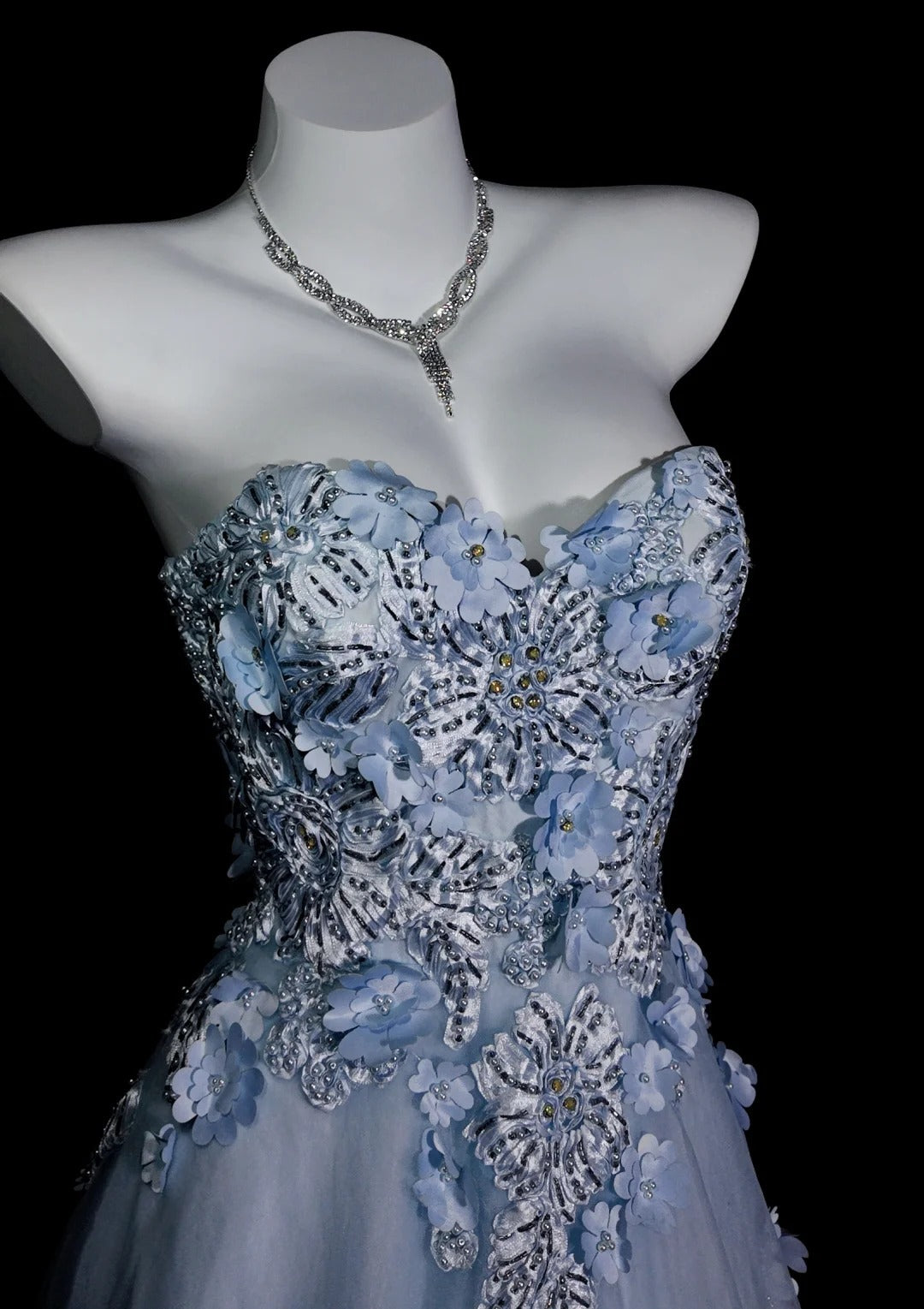 Light Blue Prom Dress A Line Sweetheart Lace With Appliques Modest Formal Party Gown RB9893