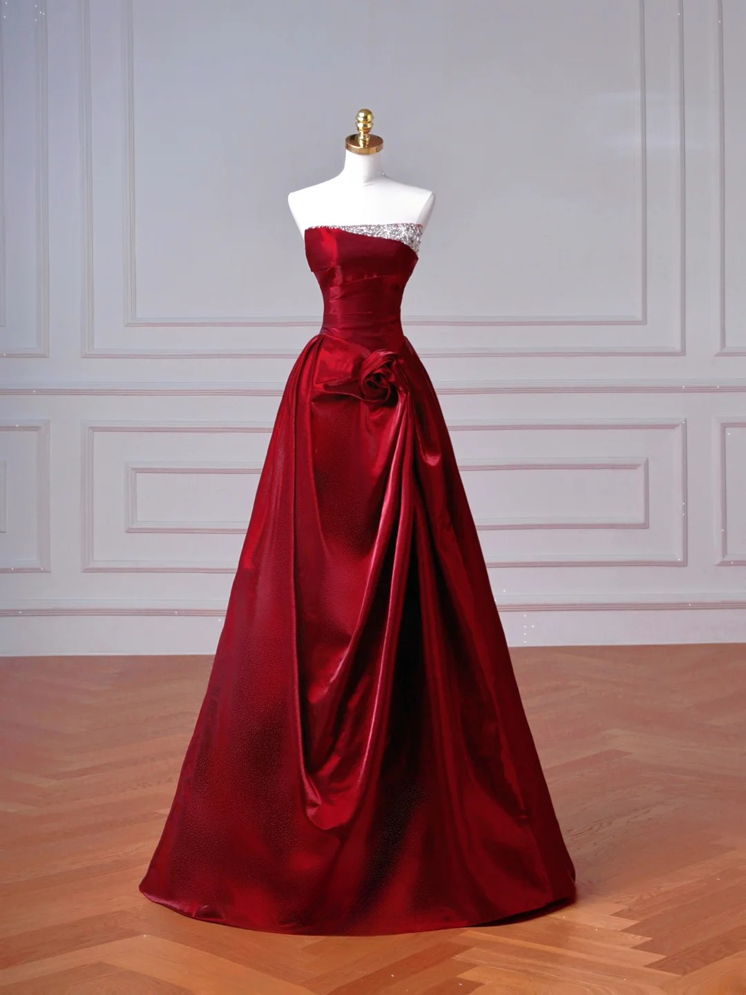 Robe de bal élégante à épaules dénudées, rouge bordeaux, longue, formelle et élégante, idéale pour un bal de promo, une soirée ou un dîner (AQ093)