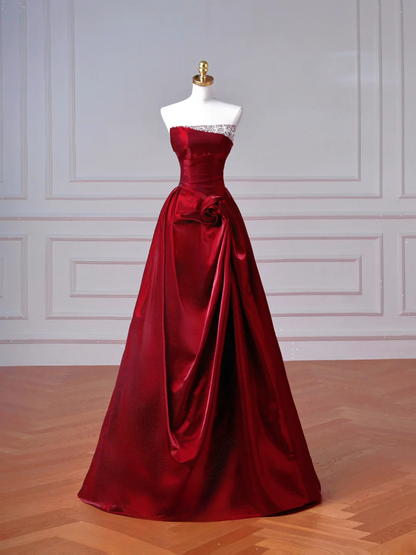 Robe de bal élégante à épaules dénudées, rouge bordeaux, longue, formelle et élégante, idéale pour un bal de promo, une soirée ou un dîner (AQ093)
