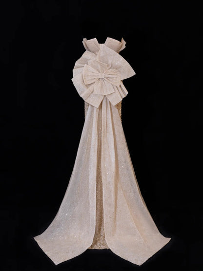 Classy Formal Mermaid Sweetheart Champagne Sequins With Beads Bow-knot Style Impress Long Prom Dresses Party Gowns SA093