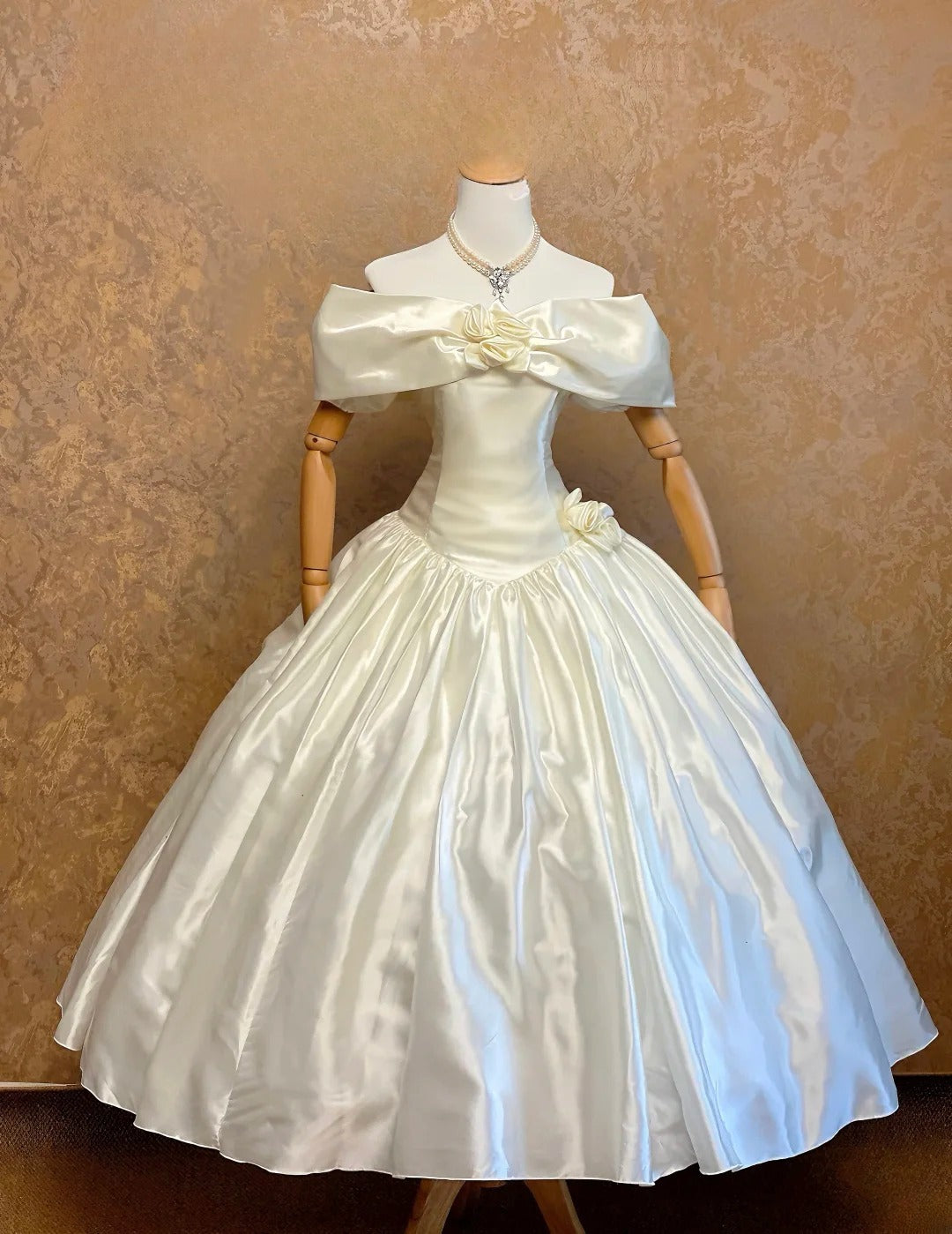 Princess Ball Gown Off The Shoulder White Satin With Flowers Satin Bridal Gown RB9067