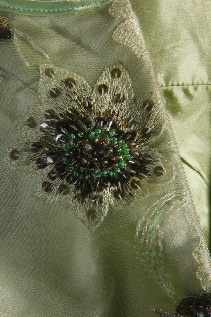 Vintage A-Linien-Partykleid aus salbeigrünem Tüll in Teelänge mit Spaghettiträgern und Perlen im eleganten Retro-Stil der 1950er Jahre – perfekt für Geburtstage, Abendessen und Abschlussbälle (AS093)