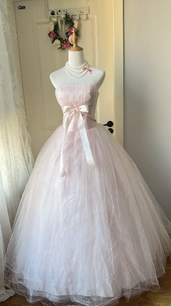 Dezente Kleider für den 16. Geburtstag, lang, trägerlos, hellrosa Tüll, Ballkleid, Outfit für die Sweet-Sixteen-Party, RC0461