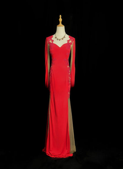 Vintage 60s Prom Dresses Mermaid Sweetheart Red With Lace Long Sleeves Prom Evening Dress Formal Outfits RB5900