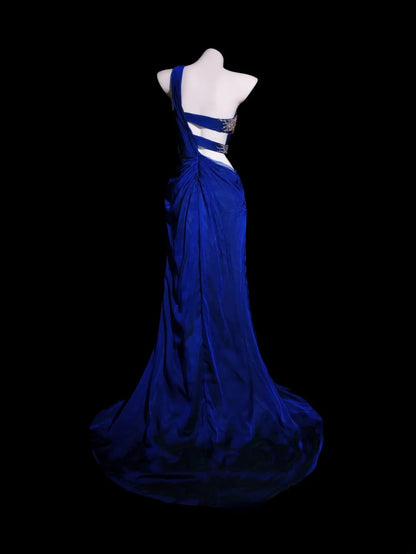 Royal Blue Prom Dress Inspo Mermaid One Shoulder Satin With Slit Modest Long Formal Party Gown RB9894