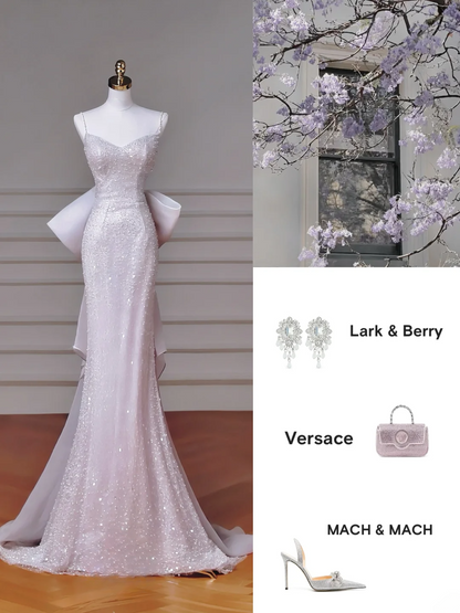 Robe de soirée longue sans manches à fines bretelles, style sirène, ornée de sequins et de perles, idéale pour un bal de promo ou un dîner chic (AQ095)