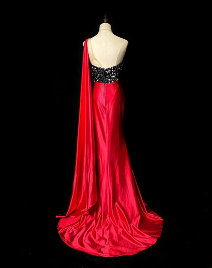 Vintage 60s Prom Dresses Mermaid One Shoulder Satin Red With Sequin Sleeveless Prom Evening Dress Formal Outfits RB5901
