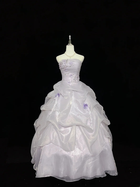 Cute Ball Gown Strapless Lilac Organza With Appliqued Quince Dress Voluminous Sweet 16 Sweet Sixteen Outfits Vestido de 15 RB7466
