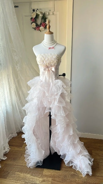 Abiballkleid High-Low trägerlos rosa mit gestuften Lagen formelles Partykleid für Damen RC0462