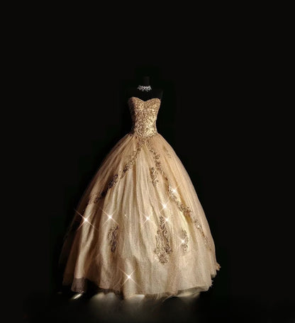 Sparkly Ball Gown Sweetheart Gold Tulle Long Quinceañera Dress Moda 2000 15 Quinceanera Dresses Ideas Sweet 16 Outfit RB7084