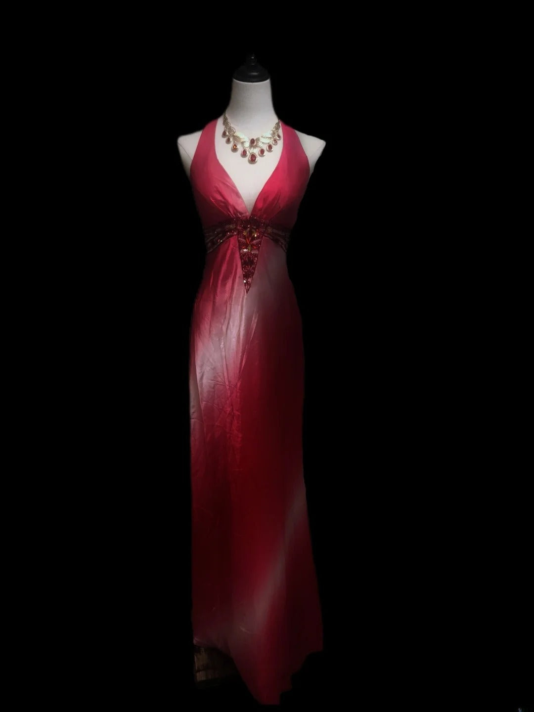 Robe de bal longue vintage années 1950, fourreau, dos nu, rose ombré et blanc, ornée de perles, idéale pour les élèves de terminale ou les soirées de fin d'année (AS095)