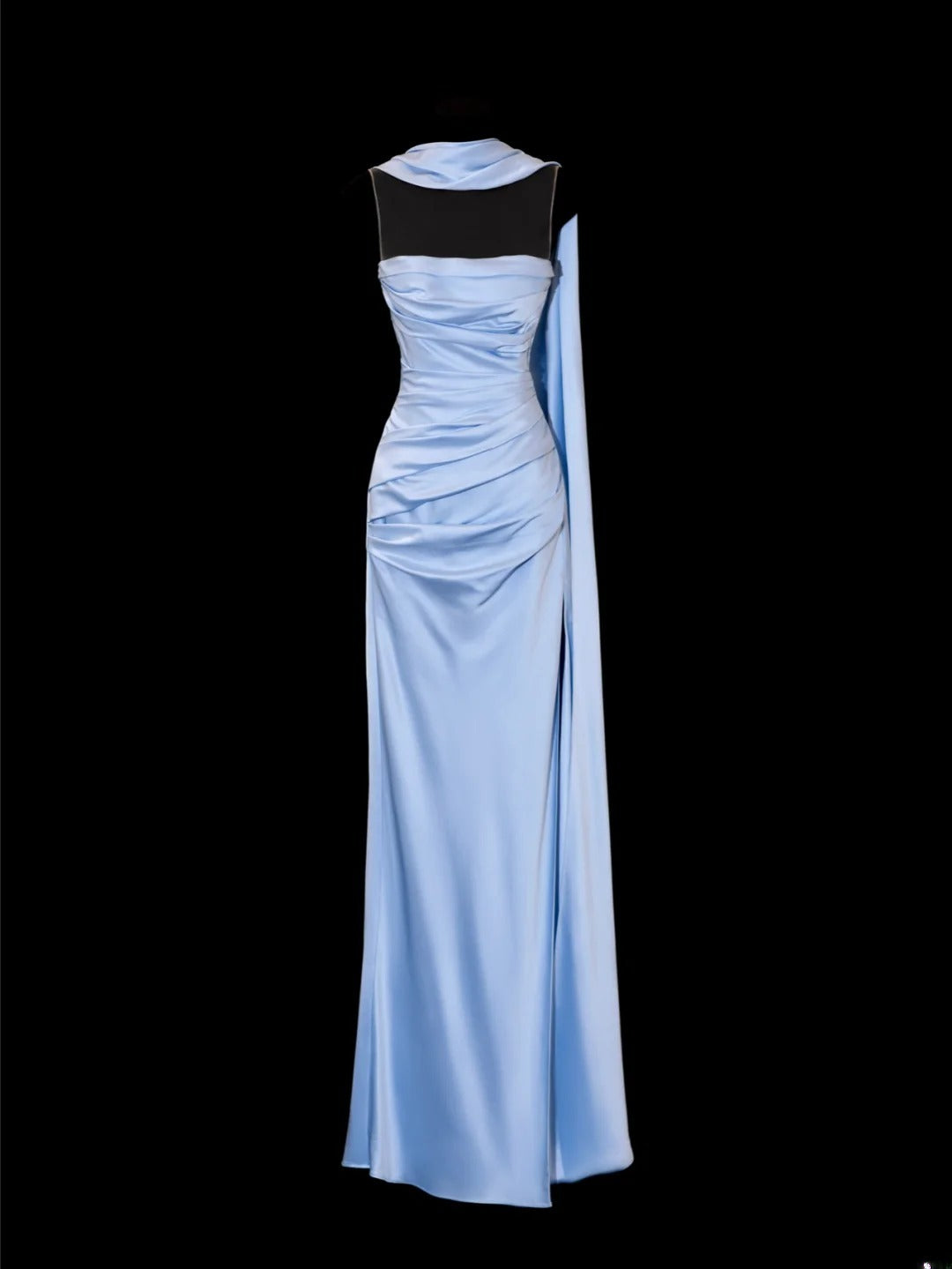Elegantes, ärmelloses, hellblaues Satin-Abendkleid mit Spaghettiträgern im festlichen Stil – ein beeindruckendes langes Ballkleid oder Partykleid SA095