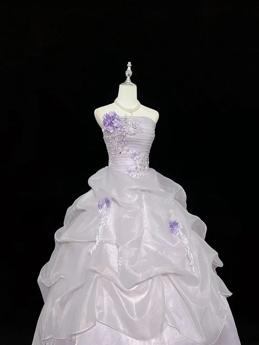 Cute Ball Gown Strapless Lilac Organza With Appliqued Quince Dress Voluminous Sweet 16 Sweet Sixteen Outfits Vestido de 15 RB7466