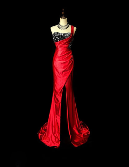 Vintage 60s Prom Dresses Mermaid One Shoulder Satin Red With Sequin Sleeveless Prom Evening Dress Formal Outfits RB5901