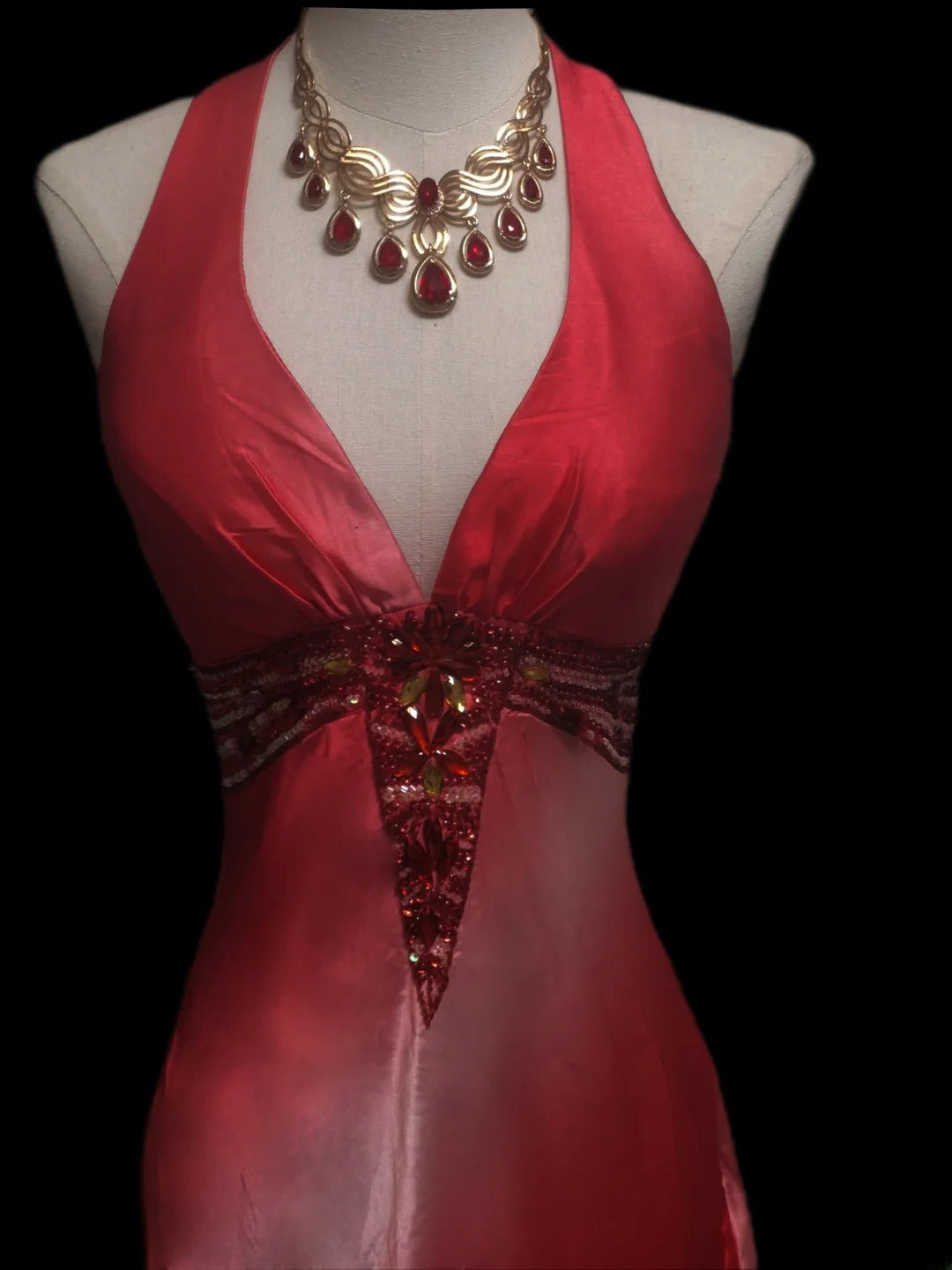 Robe de bal longue vintage années 1950, fourreau, dos nu, rose ombré et blanc, ornée de perles, idéale pour les élèves de terminale ou les soirées de fin d'année (AS095)