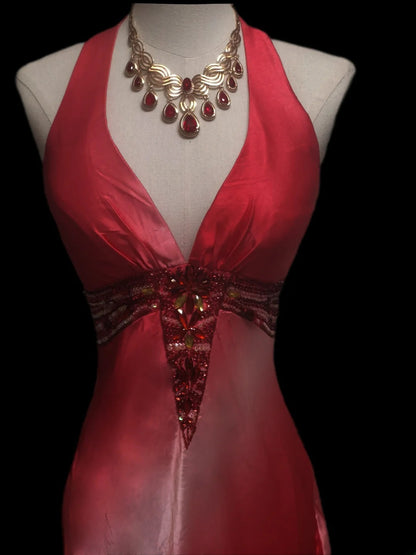 Robe de bal longue vintage années 1950, fourreau, dos nu, rose ombré et blanc, ornée de perles, idéale pour les élèves de terminale ou les soirées de fin d'année (AS095)