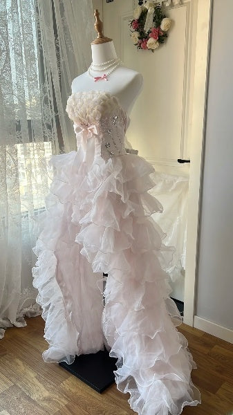 Abiballkleid High-Low trägerlos rosa mit gestuften Lagen formelles Partykleid für Damen RC0462