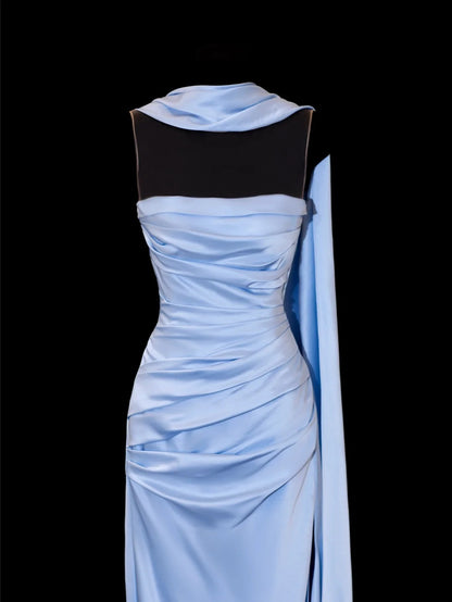 Elegantes, ärmelloses, hellblaues Satin-Abendkleid mit Spaghettiträgern im festlichen Stil – ein beeindruckendes langes Ballkleid oder Partykleid SA095