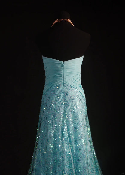 Vintage 80s Formal Mermaid Sweetheart Blue With Pleated Slit Beads Sleeveless Long Prom Dresses Party Formal Gowns AS095