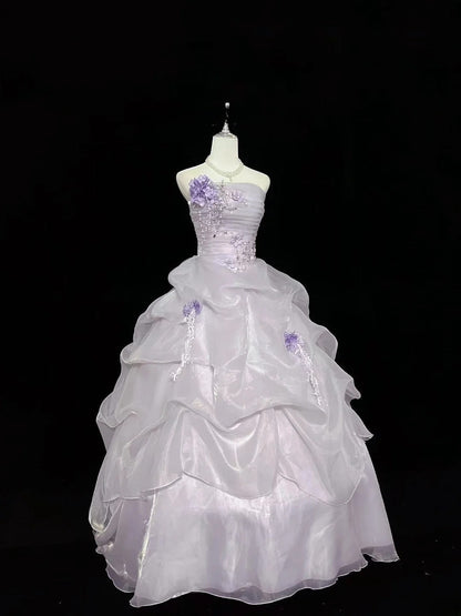 Cute Ball Gown Strapless Lilac Organza With Appliqued Quince Dress Voluminous Sweet 16 Sweet Sixteen Outfits Vestido de 15 RB7466