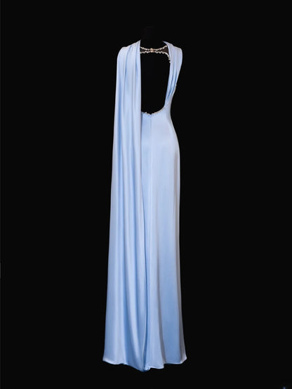 Elegantes, ärmelloses, hellblaues Satin-Abendkleid mit Spaghettiträgern im festlichen Stil – ein beeindruckendes langes Ballkleid oder Partykleid SA095