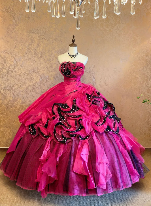 Quinceanera Dress With Tiered Layers Hot Pink Floral Ball Gown Sweet 15 15th Birthday Gown RB9069