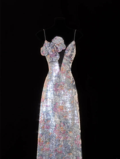 Robe de bal longue élégante à bretelles spaghetti et sequins floraux, coupe trapèze, style SA096